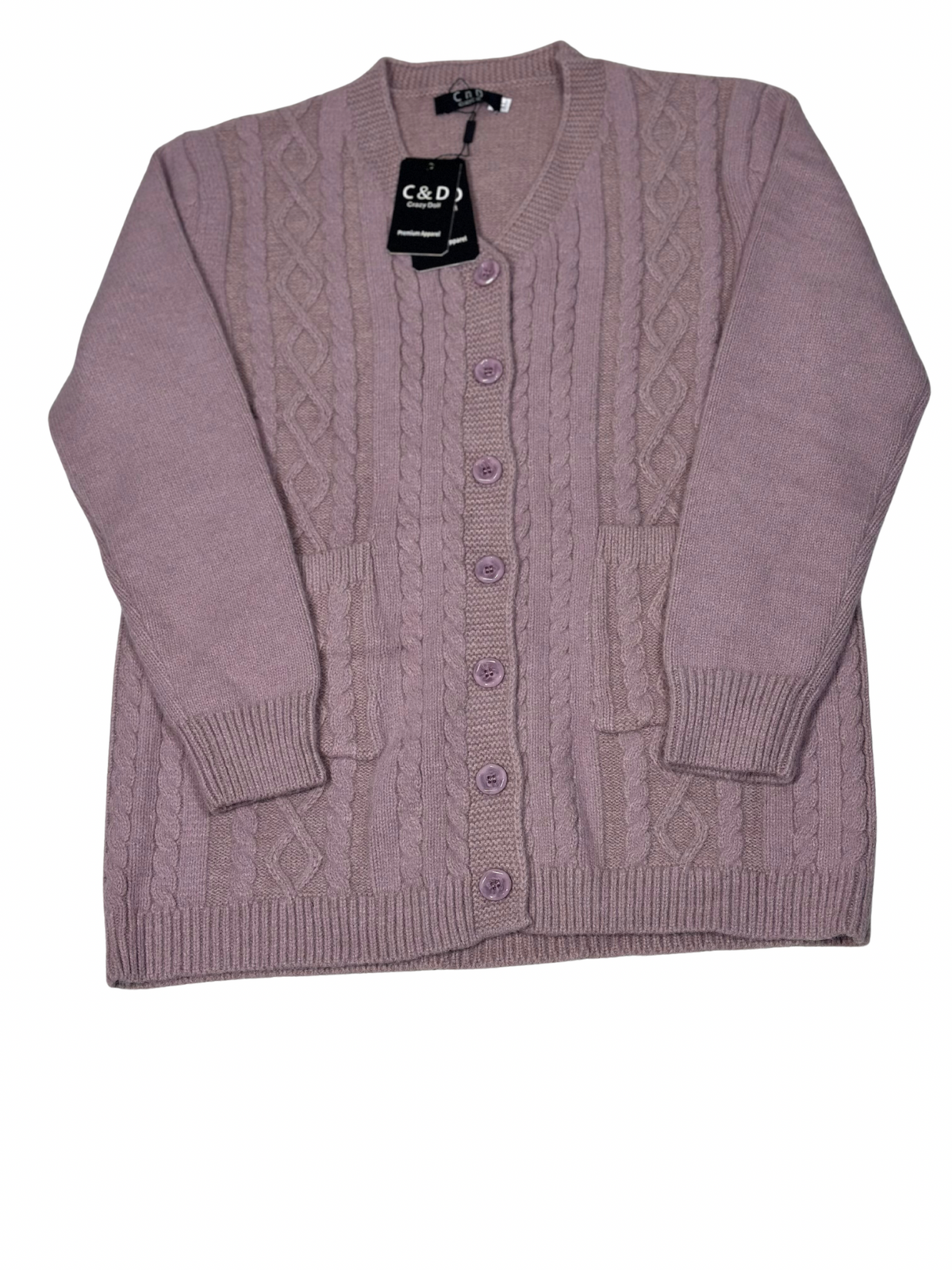 Cozy&Drape mauve wool cardigan sweater with cable knit texture, front button closure, and two convenient pockets.