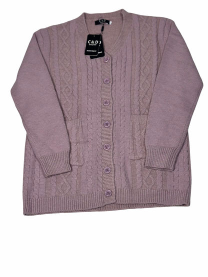 Cozy&Drape mauve wool cardigan sweater with cable knit texture, front button closure, and two convenient pockets.