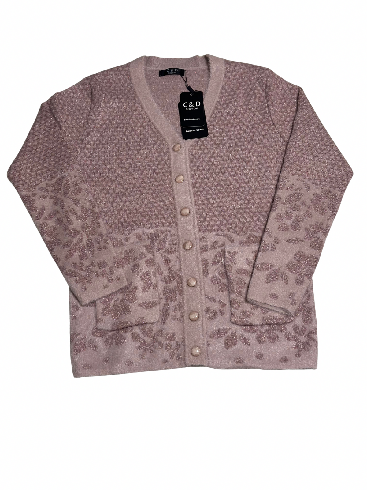 Cozy&Drape mauve wool cardigan sweater with front pockets, button closure, and floral textured knit pattern.