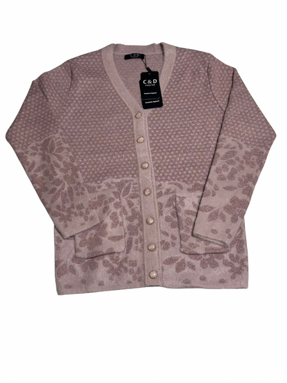 Cozy&Drape mauve wool cardigan sweater with front pockets, button closure, and floral textured knit pattern.