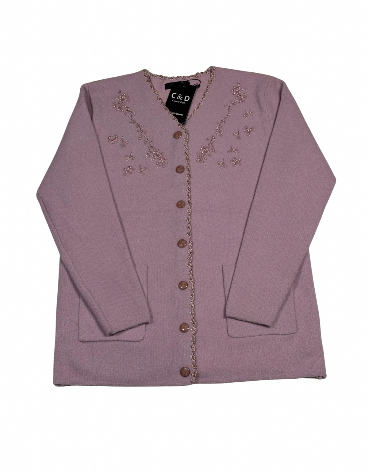 Cozy&Drape mauve wool cardigan with button front, front pockets, and delicate floral beadwork on the neckline.