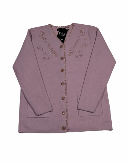 Cozy&Drape mauve wool cardigan with button front, front pockets, and delicate floral beadwork on the neckline.