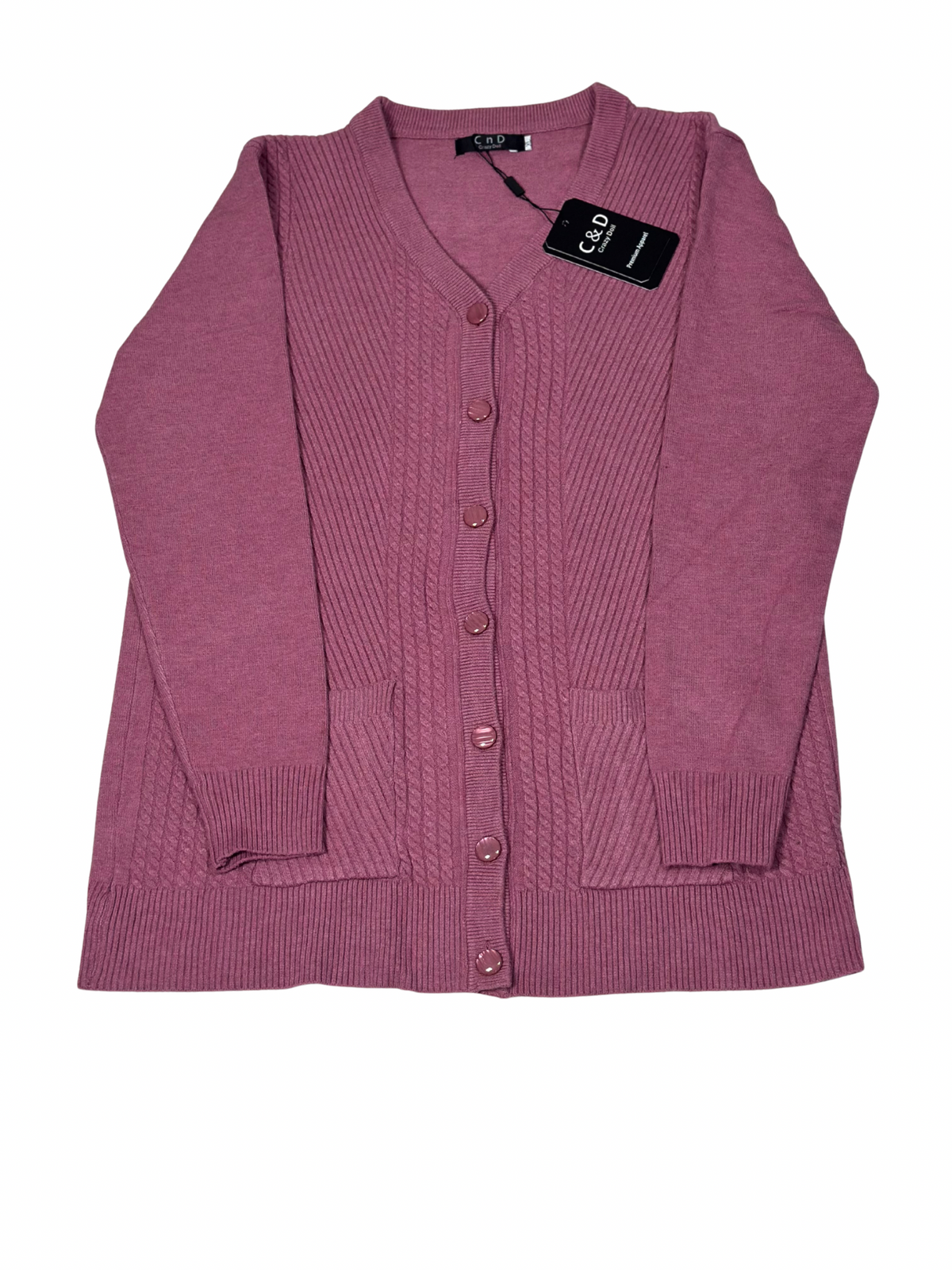 Cozy&Drape mauve wool cardigan sweater with a V-neck, button-up front, and two convenient front pockets.