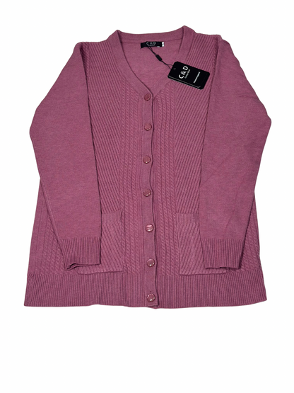 Cozy&Drape mauve wool cardigan sweater with a V-neck, button-up front, and two convenient front pockets.