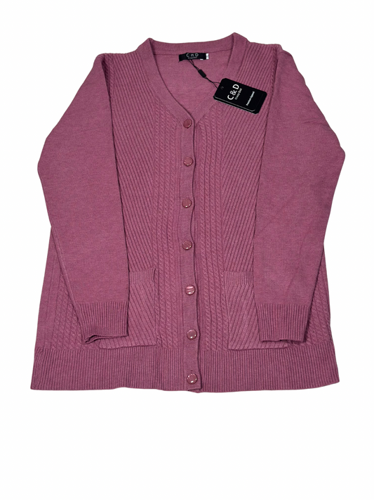 Cozy&Drape mauve wool cardigan sweater with a V-neck, button-up front, and two convenient front pockets.