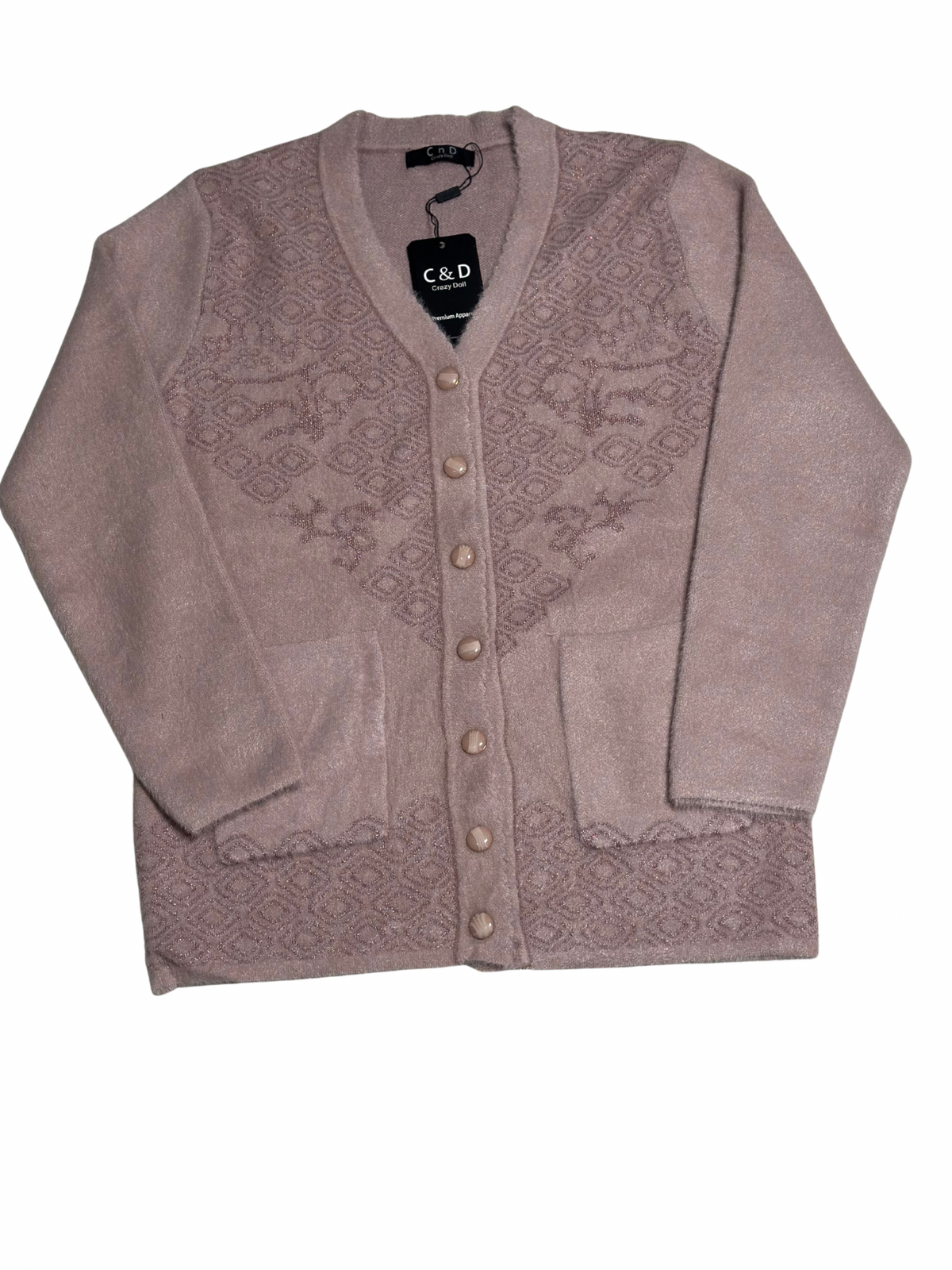 Cozy&Drape mauve wool cardigan with button-front closure, long sleeves, front pockets, and geometric knit pattern.