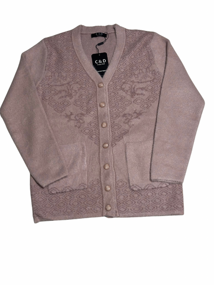 Cozy&Drape mauve wool cardigan with button-front closure, long sleeves, front pockets, and geometric knit pattern.