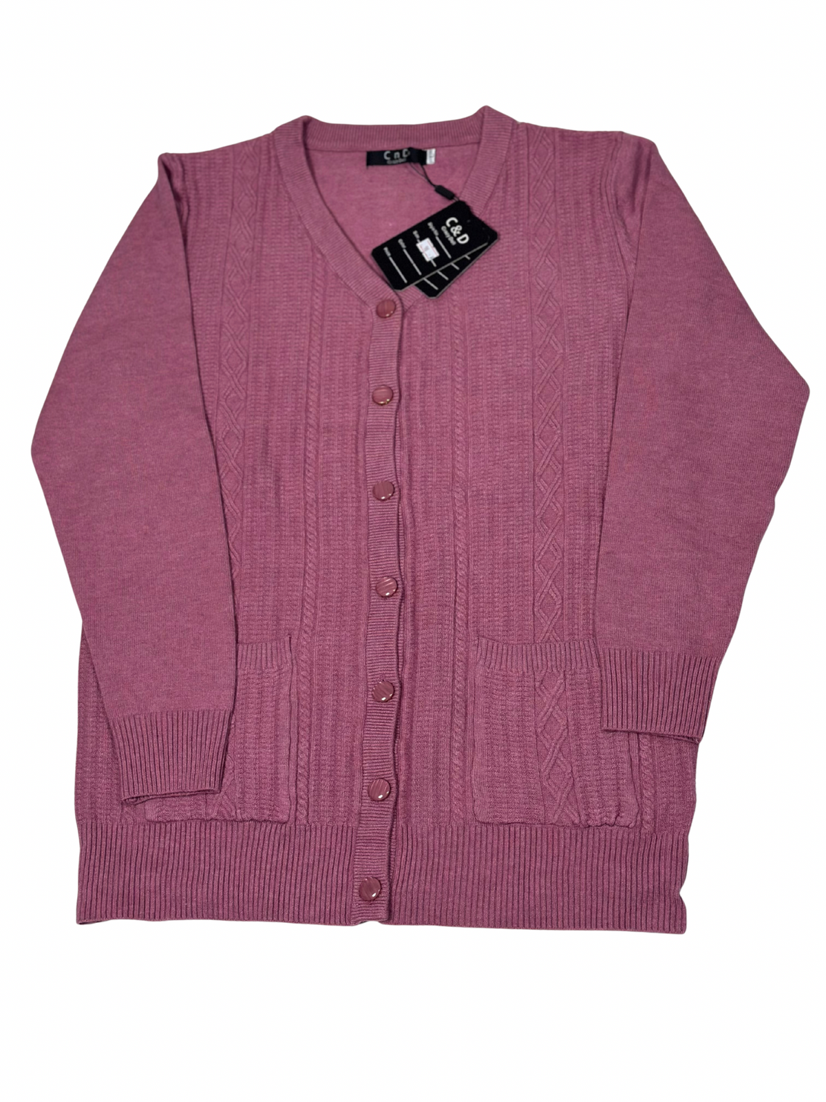 Cozy&Drape mauve wool cardigan sweater with a V-neck, front button closure, and two patch pockets.
