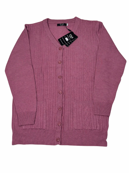 Cozy&Drape mauve wool cardigan sweater with a V-neck, front button closure, and two patch pockets.