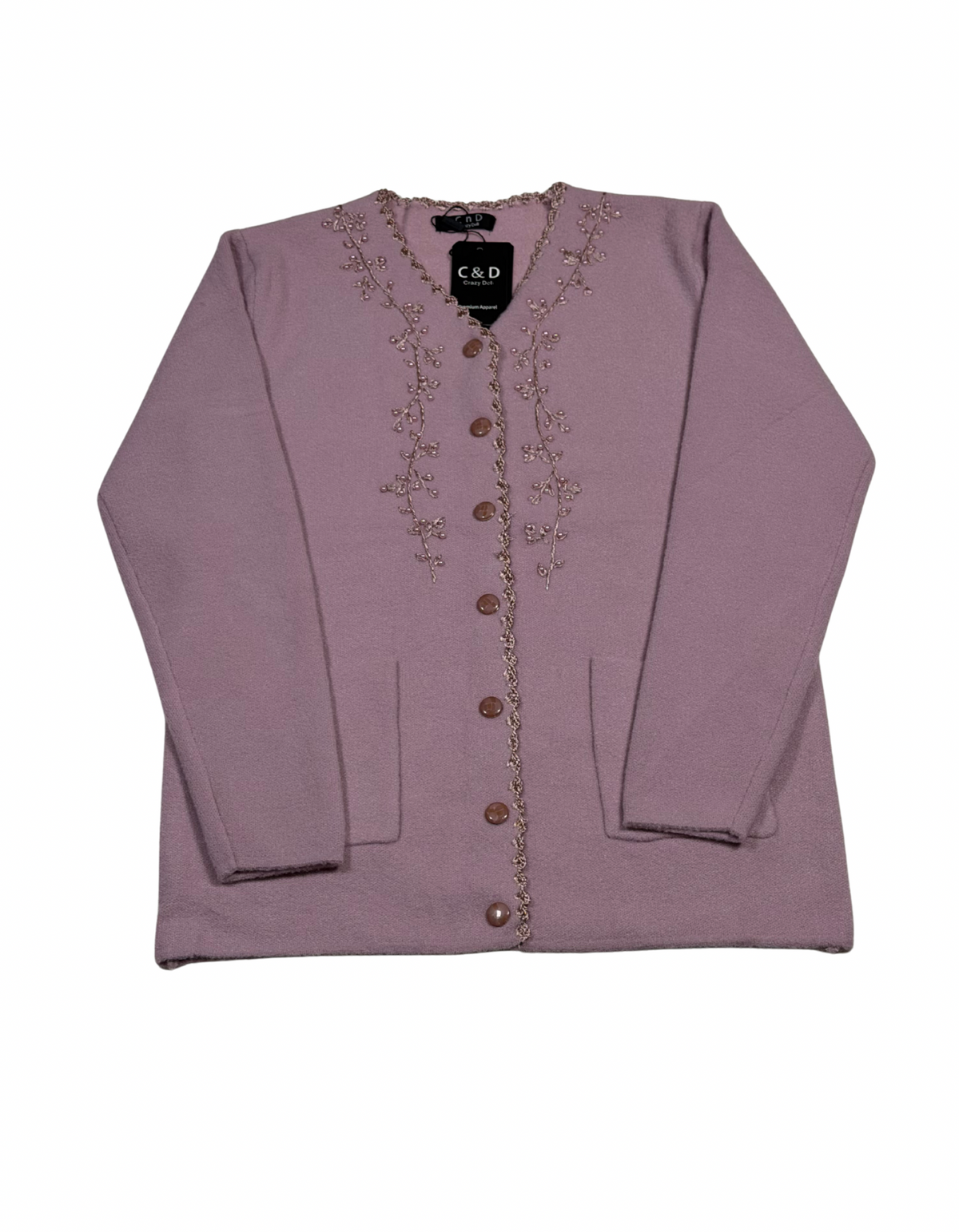 Cozy&Drape mauve wool cardigan with button front, long sleeves, front pockets, and delicate floral embroidery detail.