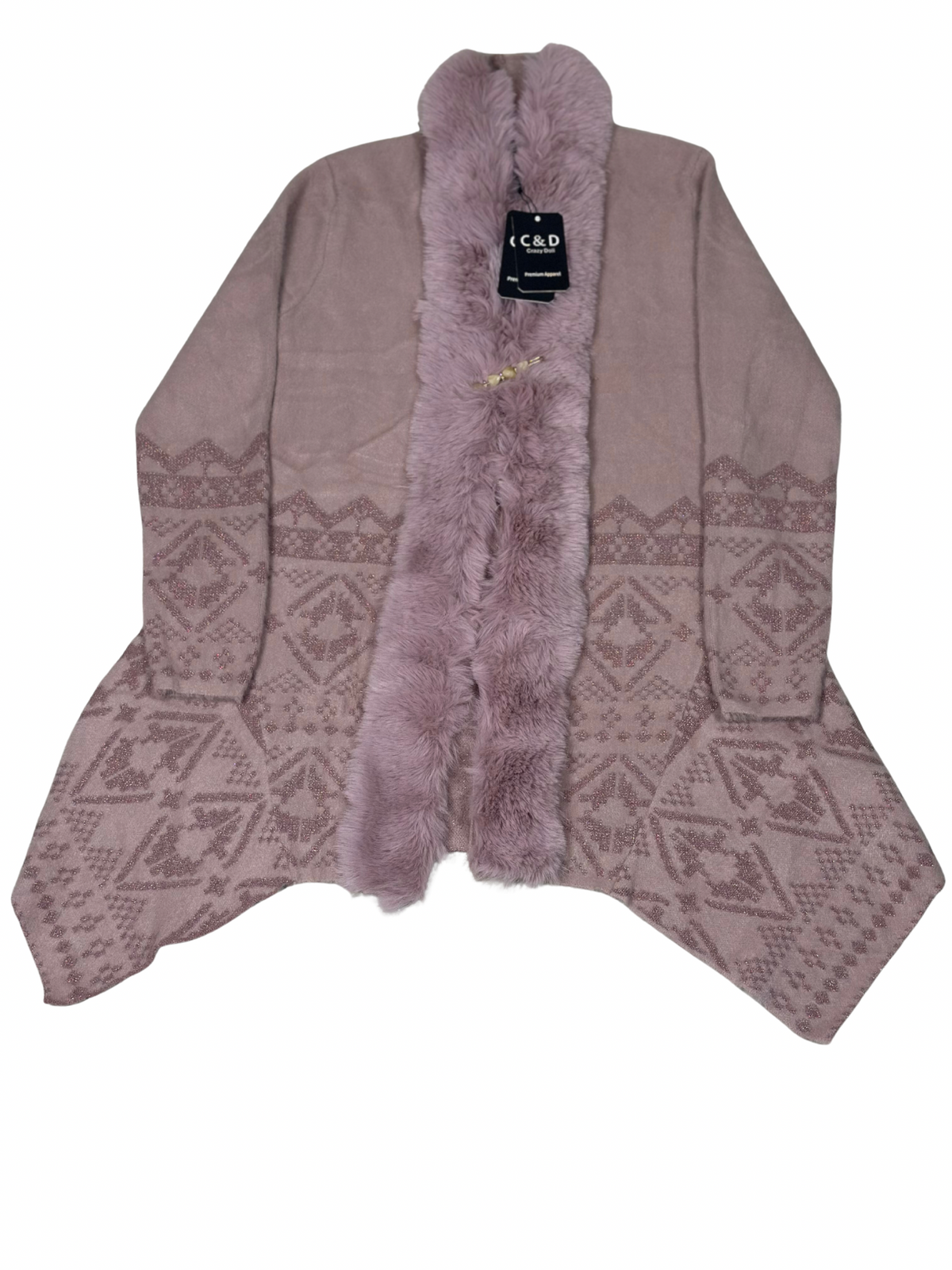 Cozy&Drape mauve wool shrug cardigan with faux fur trim, muffler collar, and intricate geometric knit patterns.
