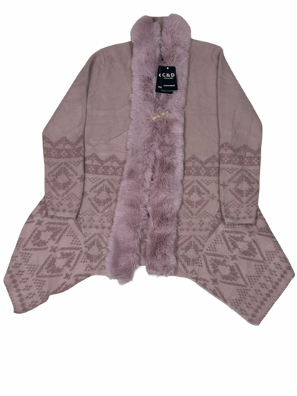 Cozy&Drape mauve wool shrug cardigan with faux fur trim, muffler collar, and intricate geometric knit patterns.