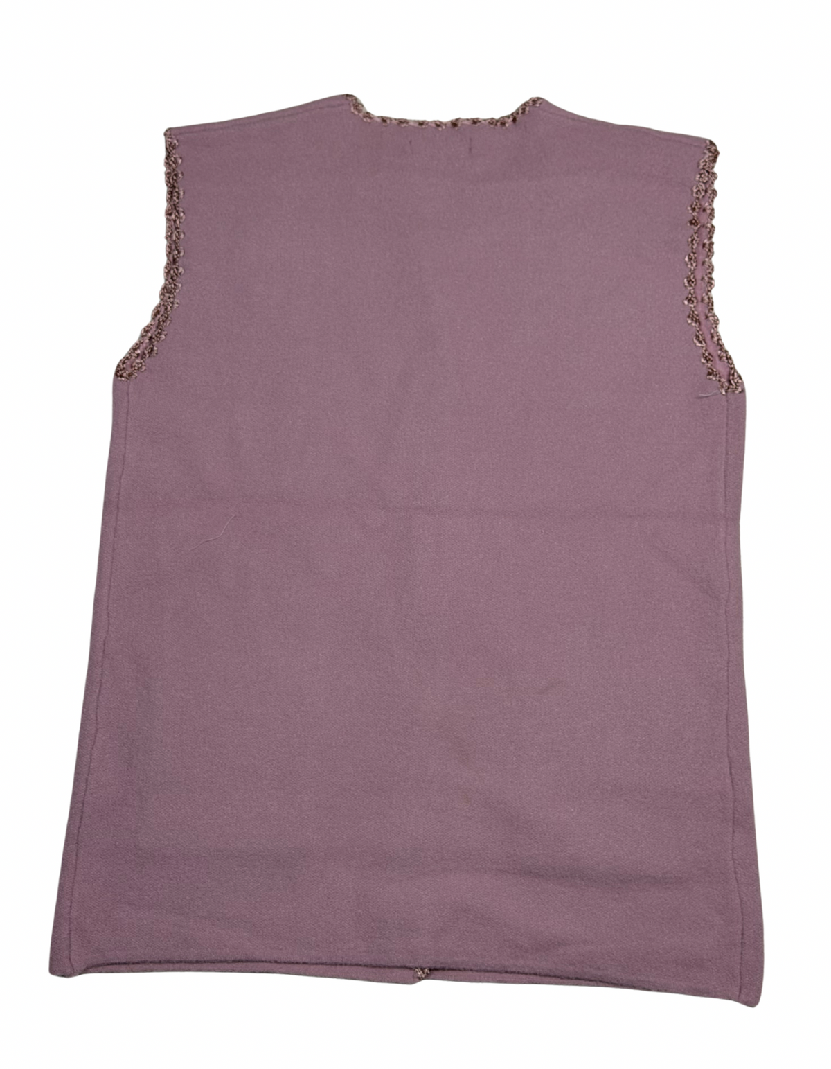 Cozy&Drape sleeveless wool cardigan in mauve with decorative crochet trim on the armholes, back view.