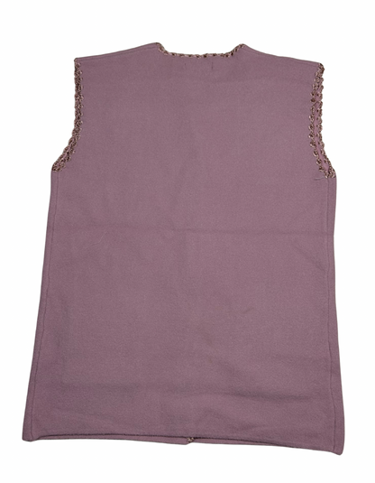 Cozy&Drape sleeveless wool cardigan in mauve with decorative crochet trim on the armholes, back view.