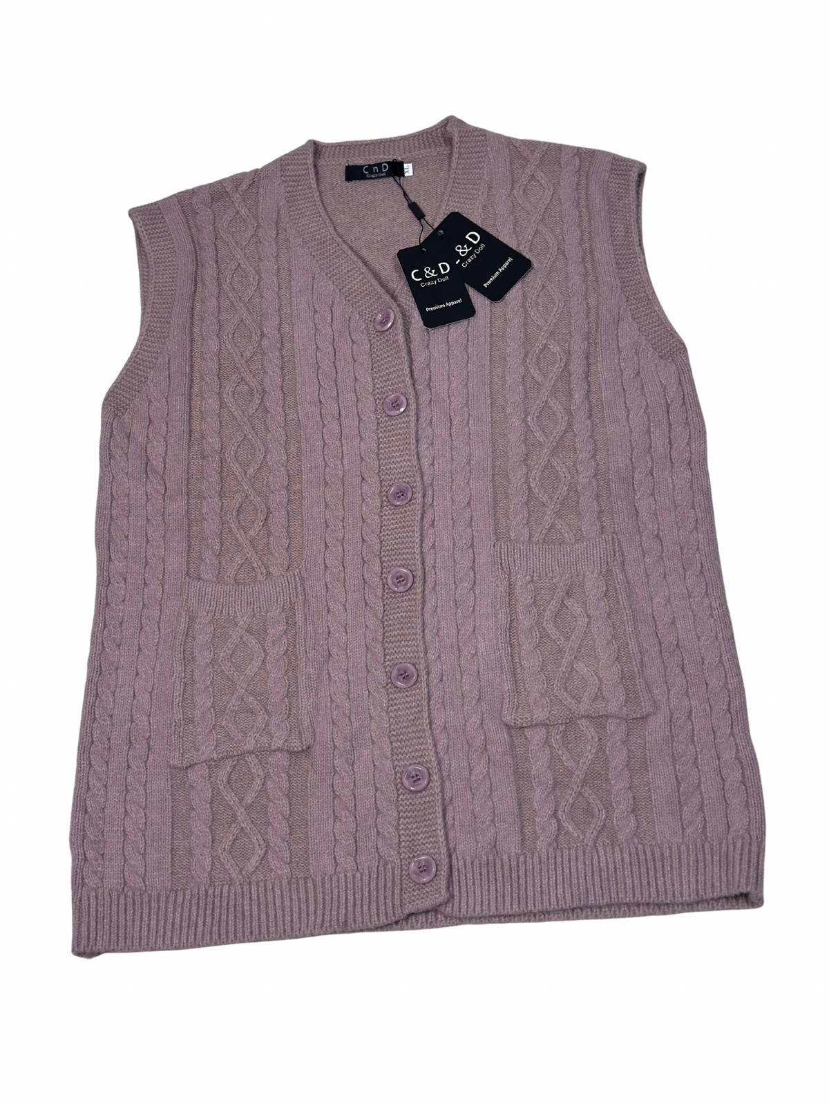 Cozy&Drape sleeveless wool cardigan sweater in mauve with cable knit texture, button front, and two front pockets.