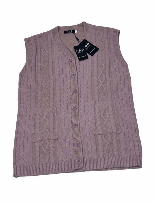 Cozy&Drape sleeveless wool cardigan sweater in mauve with cable knit texture, button front, and two front pockets.