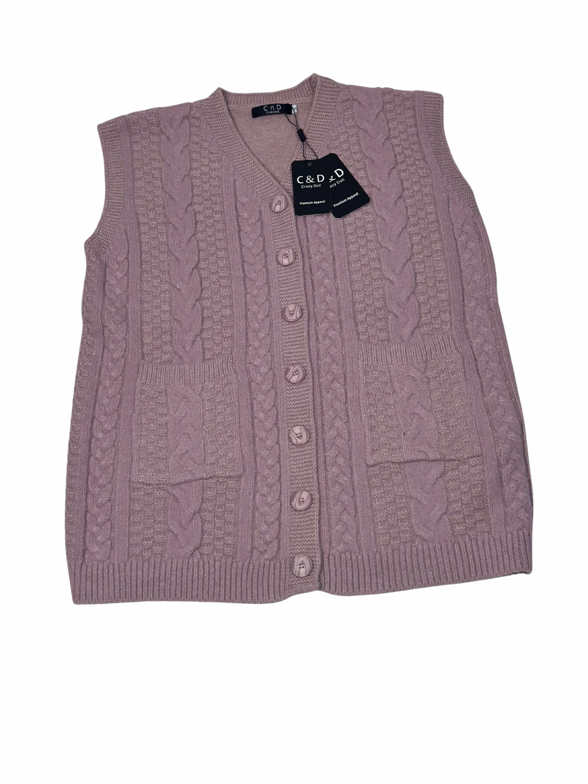 Cozy&Drape mauve sleeveless wool cardigan sweater with cable knit texture, front buttons, and two patch pockets.