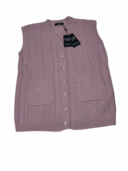 Cozy&Drape mauve sleeveless wool cardigan sweater with cable knit texture, front buttons, and two patch pockets.