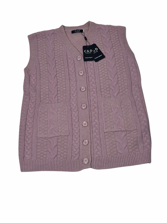 Cozy&Drape mauve sleeveless wool cardigan sweater with cable knit texture, front buttons, and two patch pockets.