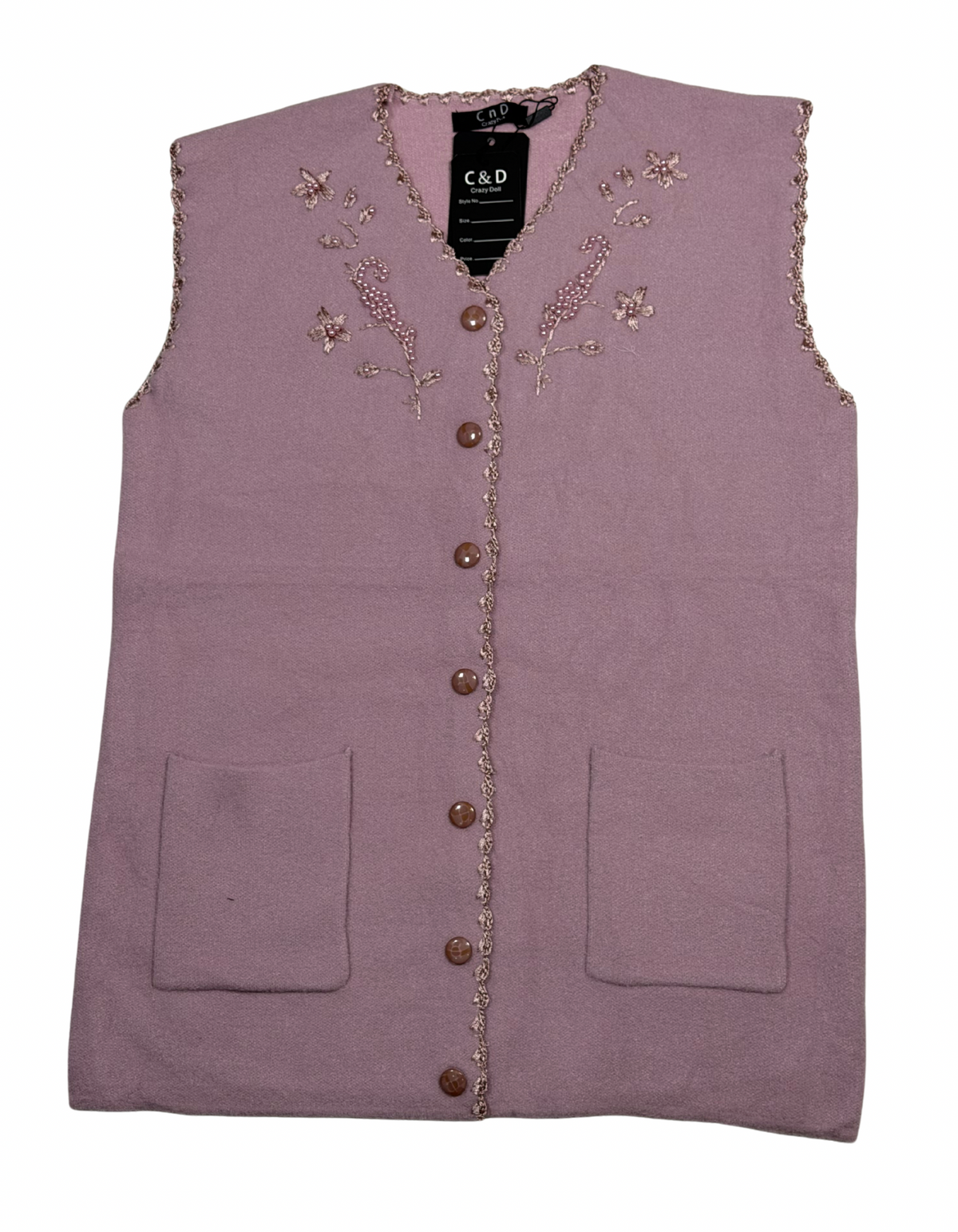 Cozy&Drape sleeveless wool cardigan in mauve with floral embroidery, button front, and two front pockets.
