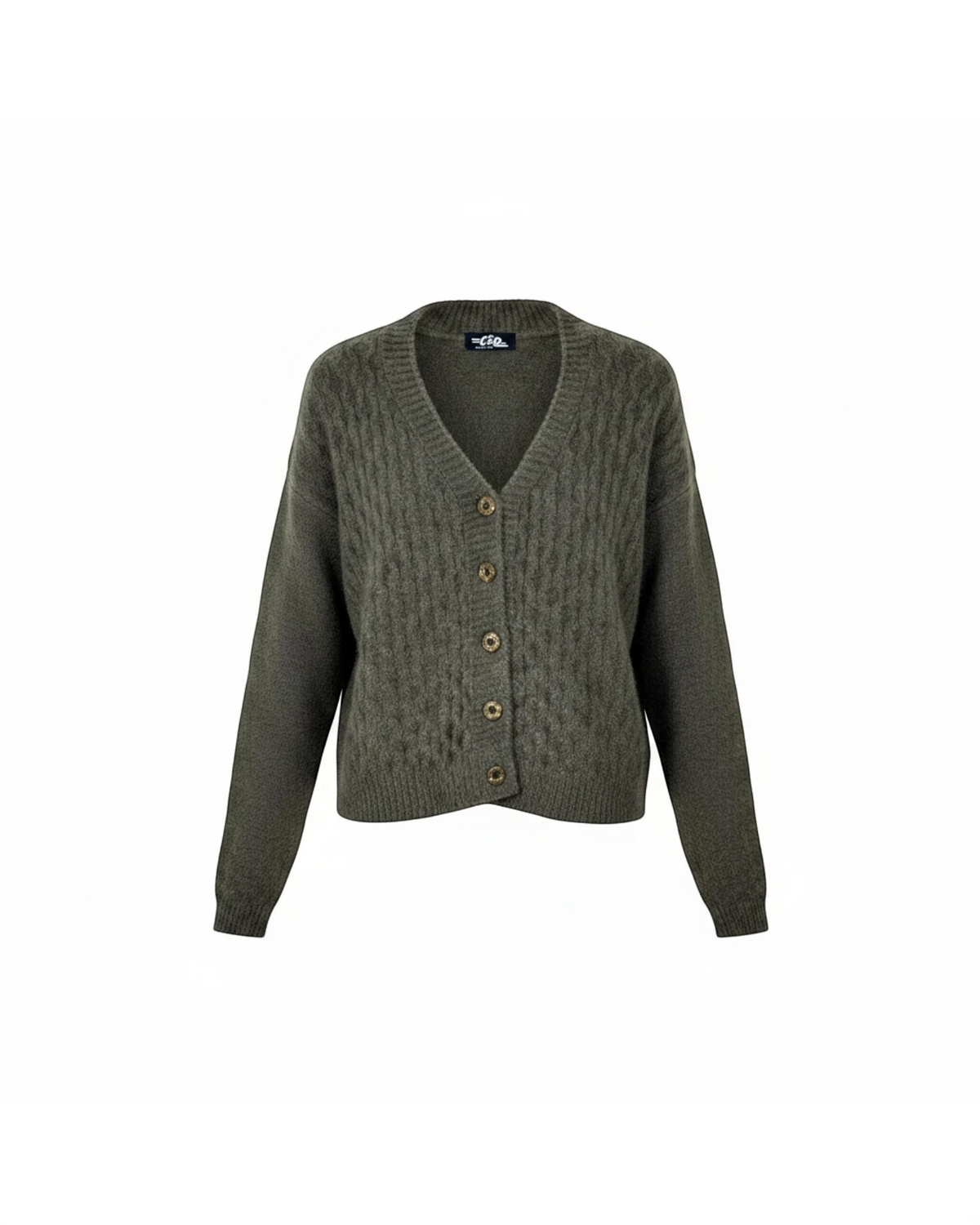 Cozy&Drape olive green cable-knit V-neck cardigan with a cropped silhouette and front button closure