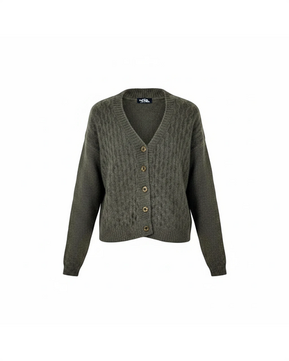 Cozy&Drape olive green cable-knit V-neck cardigan with a cropped silhouette and front button closure