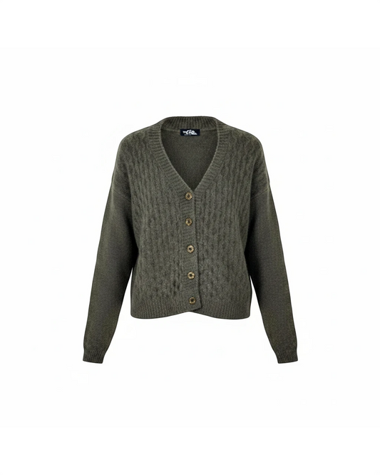 Cozy&Drape olive green cable-knit V-neck cardigan with a cropped silhouette and front button closure
