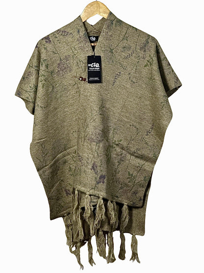 Cozy&Drape olive green floral print cape shawl with fringe hem and adjustable fit for winter warmth