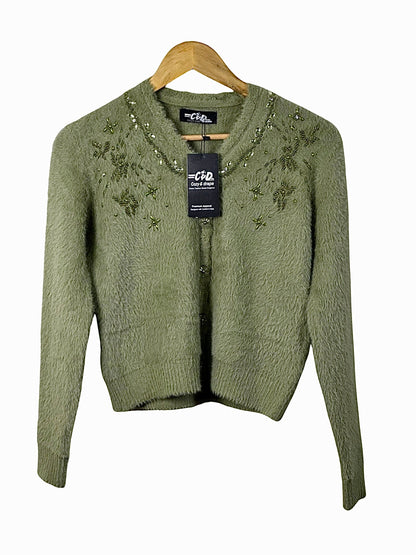 Cozy&Drape olive green extra short cardigan sweater with delicate beaded floral embroidery on a wooden hanger