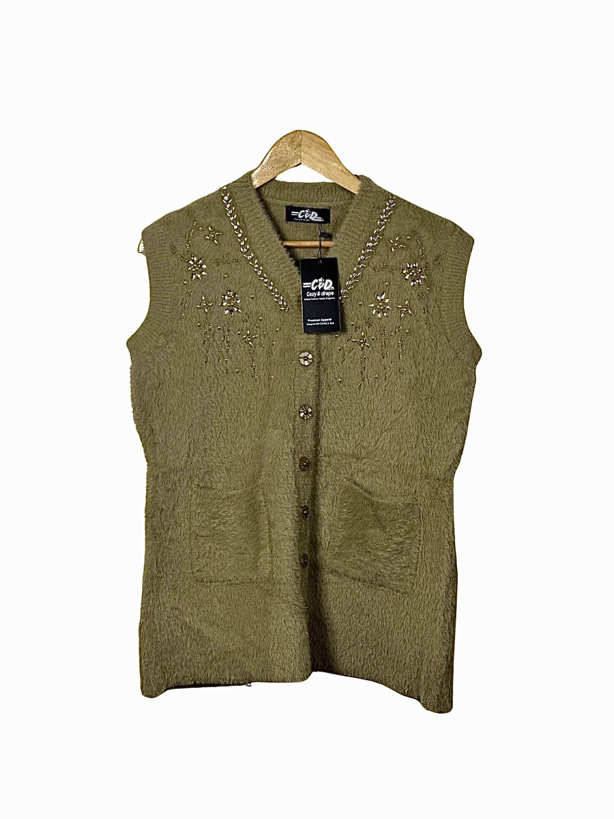 Cozy&Drape olive green fuzzy knit sleeveless cardigan with V-neck, shimmering beadwork, and front button closure.