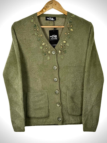 Cozy&Drape olive green button-up cardigan sweater with decorative beaded floral embroidery on the neckline and pockets