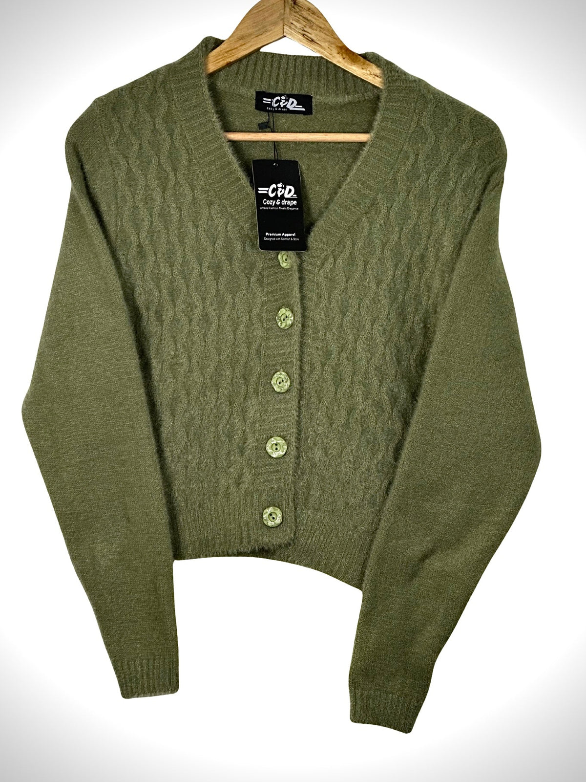 Cozy&Drape olive green extra short cardigan sweater with a textured cable knit pattern and matching front buttons