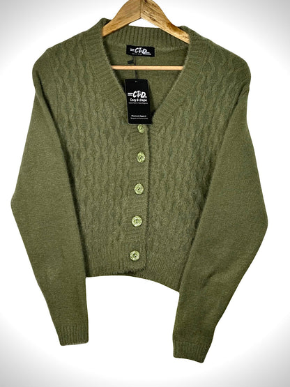 Cozy&Drape olive green extra short cardigan sweater with a textured cable knit pattern and matching front buttons