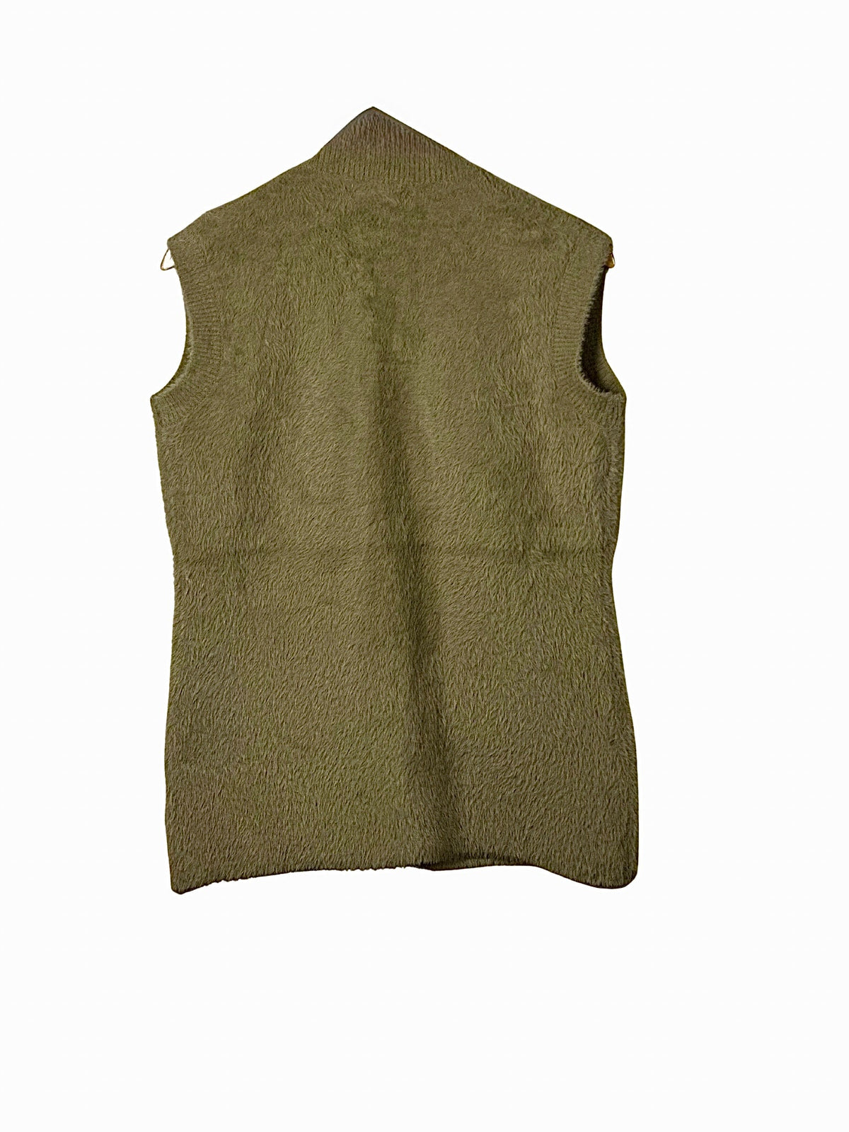 Cozy&Drape olive green sleeveless cardigan sweater with a soft textured knit fabric and open front design.