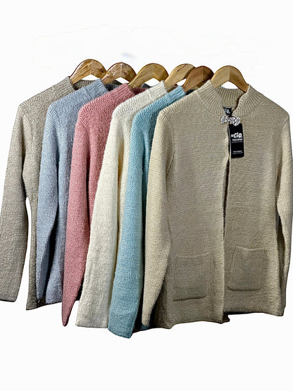 Cozy&Drape regular fit full sleeve cardigan sweaters in assorted pastel colors with front pockets on wooden hangers
