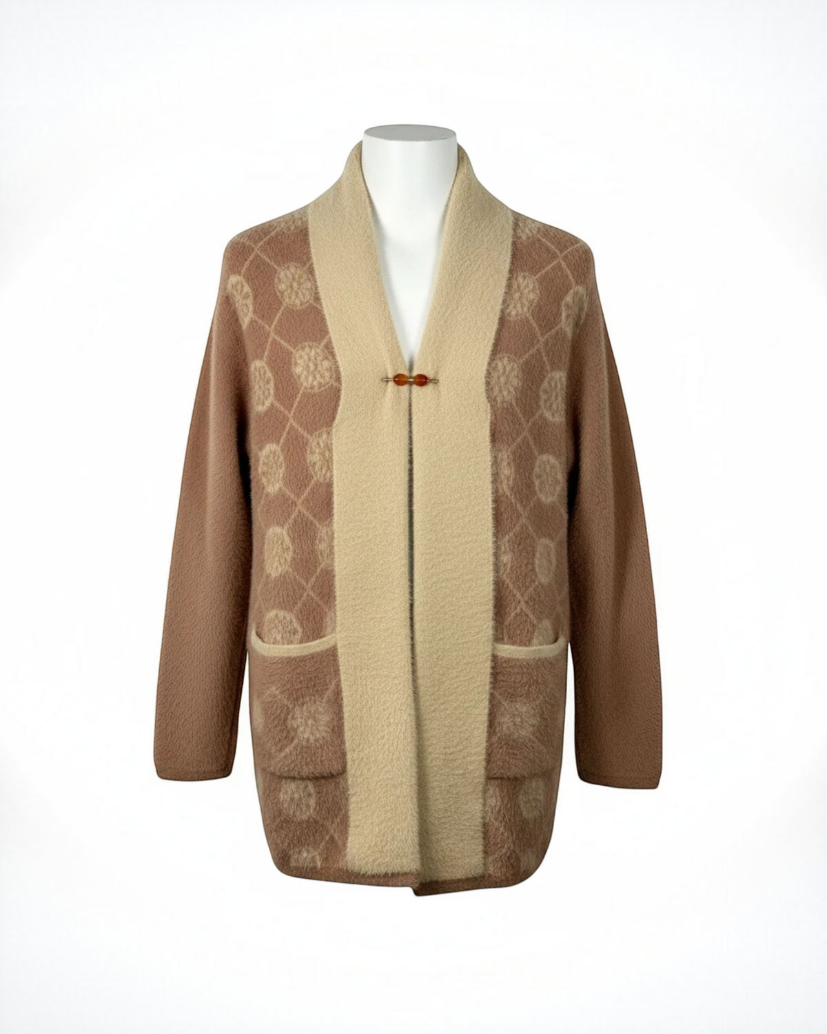 Cozy&Drape plush open-front cardigan in brown and beige with a geometric pattern, shawl collar, and clasp closure.
