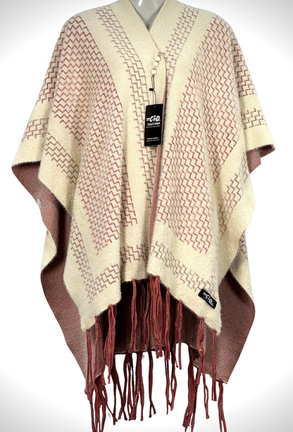 Cozy&Drape cream and dusty rose patterned winter cape shawl with fringe hem and elegant woven texture