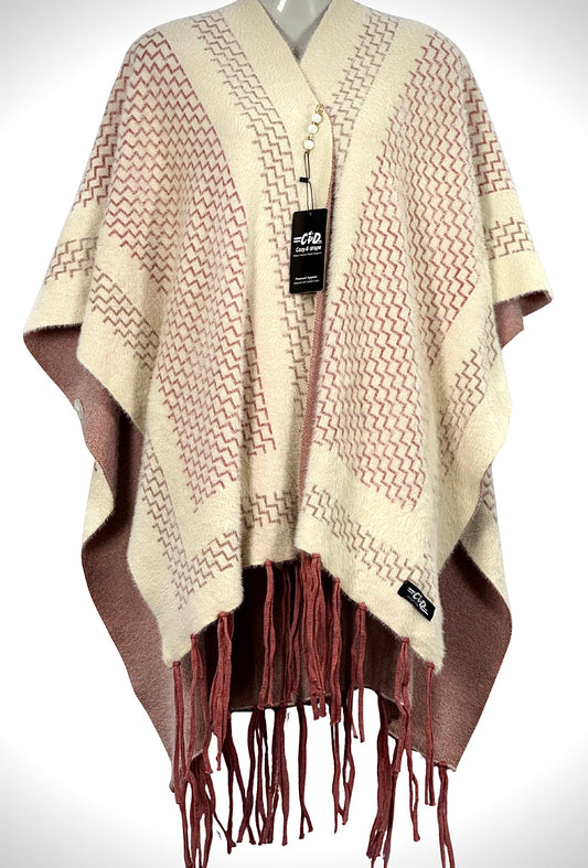 Cozy&Drape cream and dusty rose patterned winter cape shawl with fringe hem and elegant woven texture