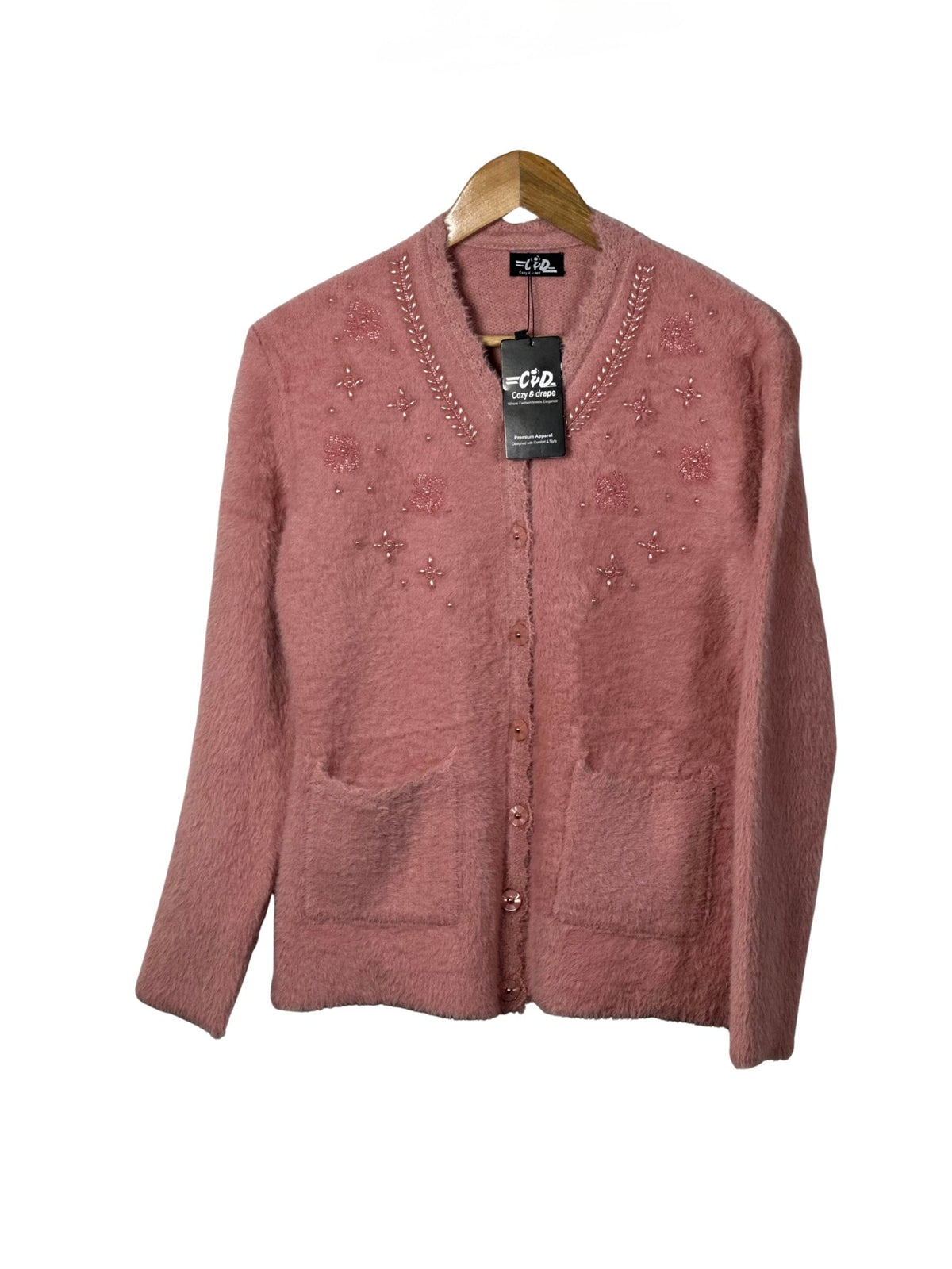 Cozy&Drape pink fuzzy cardigan sweater with beaded floral embroidery, front pockets, and button-down closure.