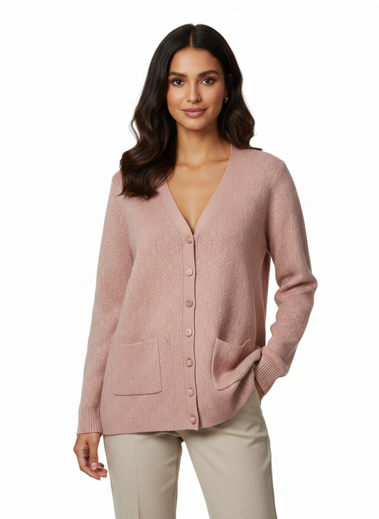 Model wearing a dusty pink Cozy&Drape button-up cardigan with a V-neck, long sleeves, and two front pockets.