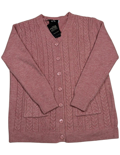 Cozy&Drape pink cable-knit button-up cardigan with V-neck, long sleeves, and two front pockets.