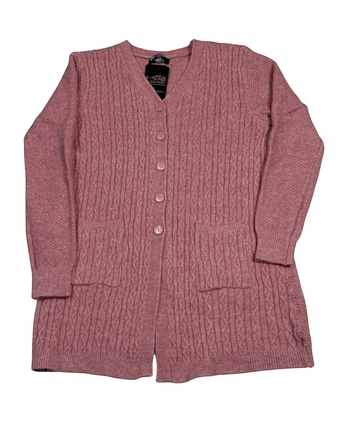 Cozy&Drape pink cable-knit button-down cardigan with V-neck, long sleeves, and two front pockets.