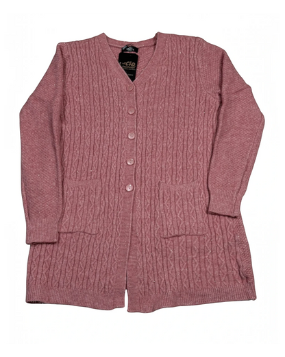 Cozy&Drape pink cable-knit button-down cardigan with V-neck, long sleeves, and two front pockets.
