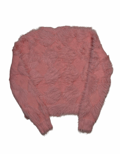Cozy&Drape pink extra short cardigan sweater made from soft textured faux fur with a cozy knit design
