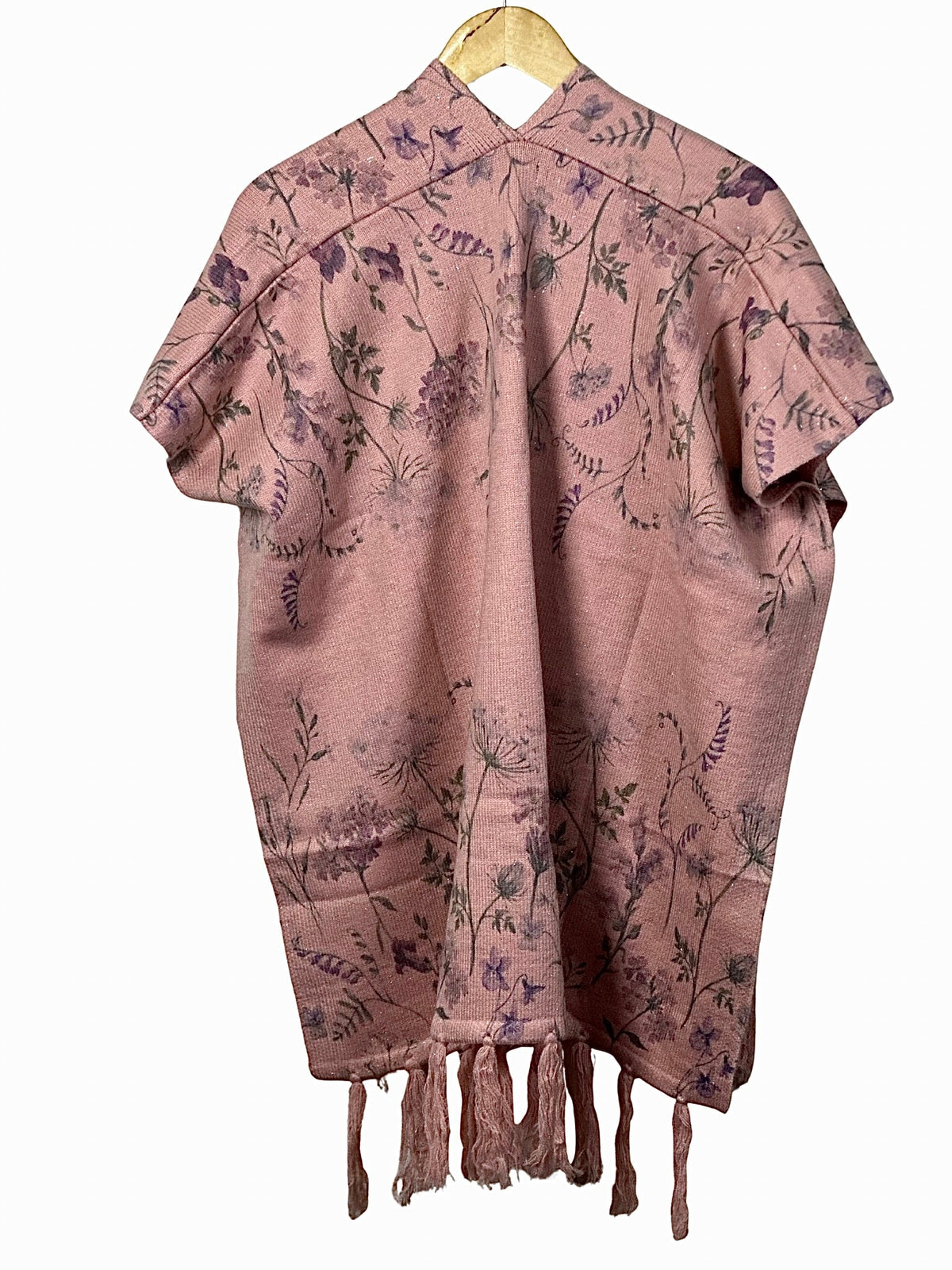 Cozy&Drape pink floral print cape shawl with tassel fringe, crafted for winter warmth and elegant everyday style.