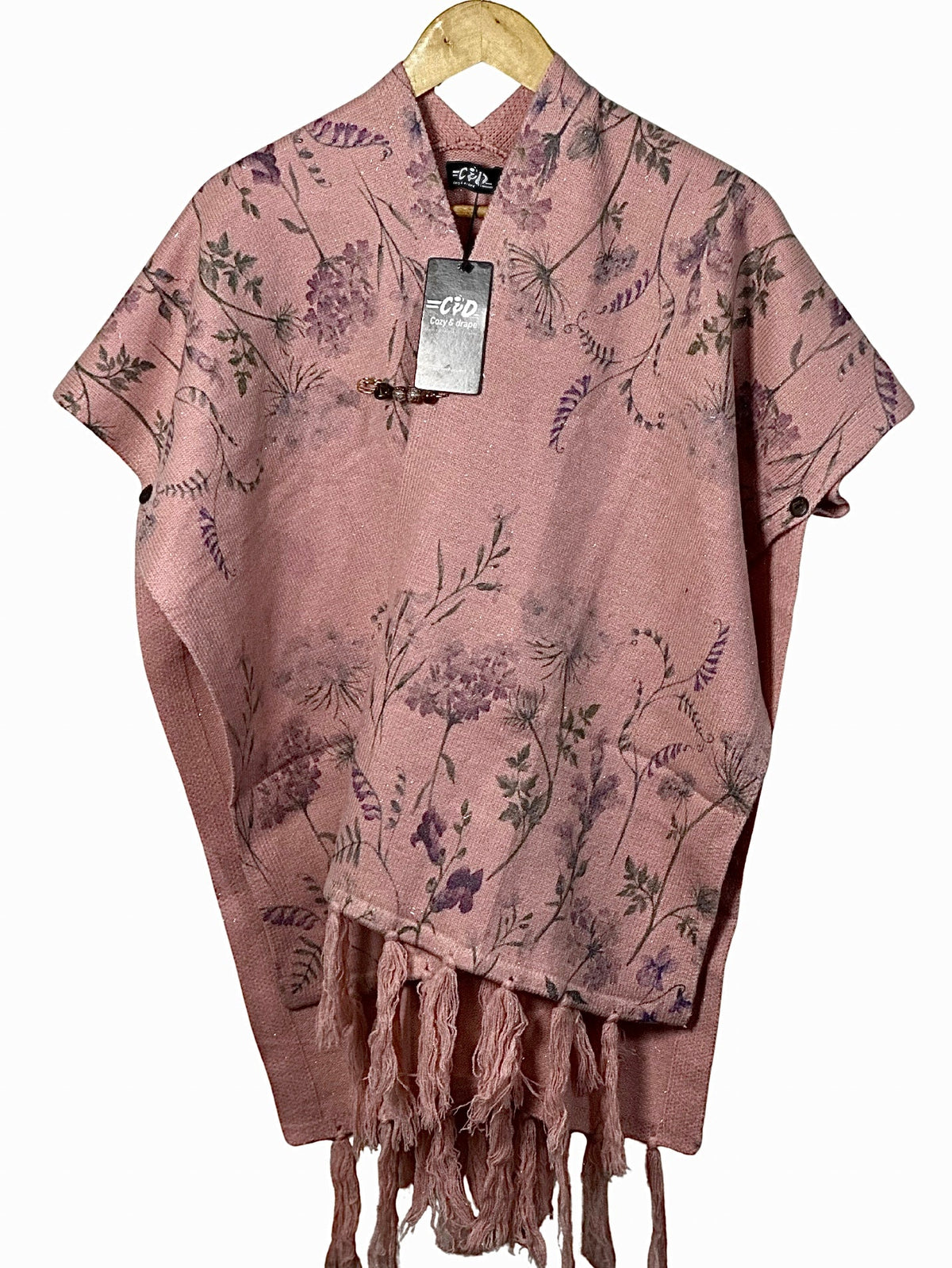 Cozy&Drape pink floral print cape shawl with fringe hem and button side closure for winter warmth