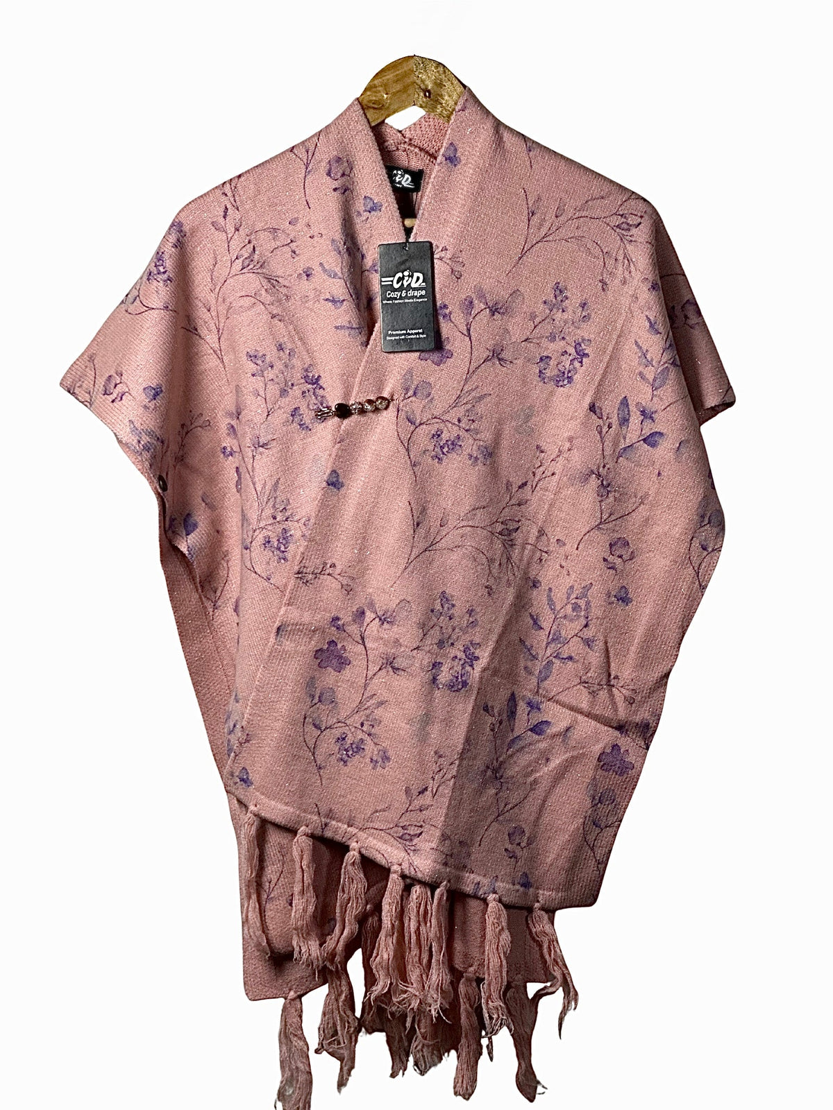 Cozy&Drape pink floral print winter cape shawl with fringe hem and toggle closure for elegant warmth