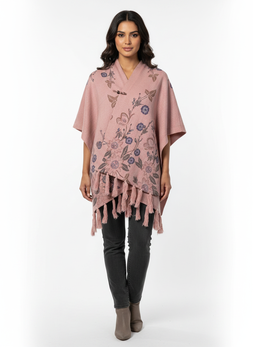 Cozy&Drape pink floral knit poncho wrap with front toggle closure and fringe hem worn by a model