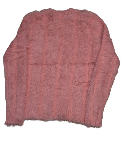 Cozy&Drape pink full sleeve fur cardigan sweater with a textured ribbed knit design for a soft and warm casual look