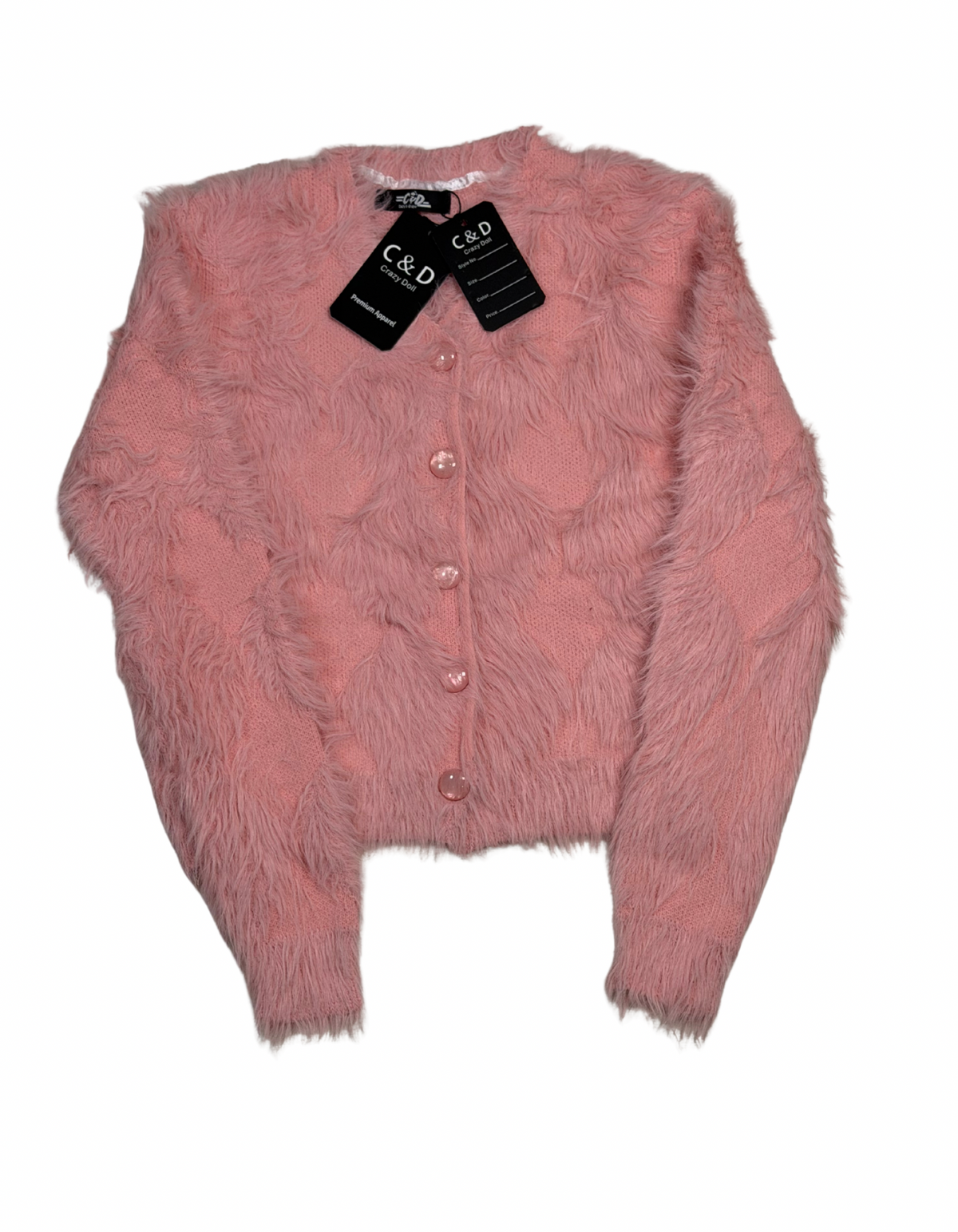 Cozy&Drape pink extra short cardigan sweater made of soft faux fur with button-down front and long sleeves.